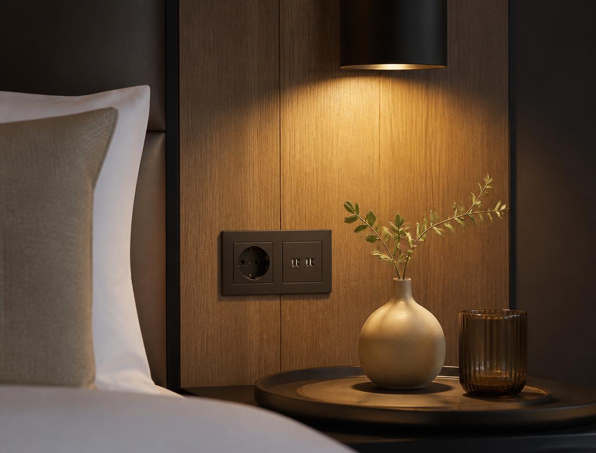 Tysellin inbouwstopcontact met USB naast een hotelbed