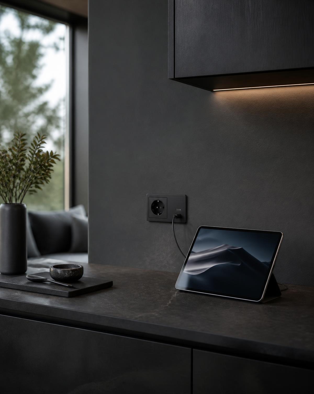 Zwart Tysellin stopcontact met USB-C in een strakke donkere keuken